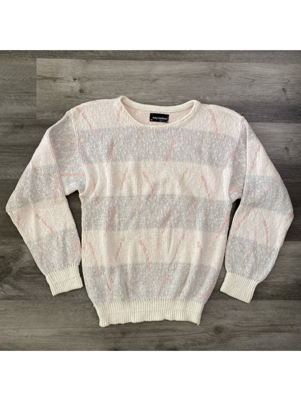 VTG Tony Lambert 100% Cotton Knit Sweater Cream Peach Gray USA Made Sz Medium